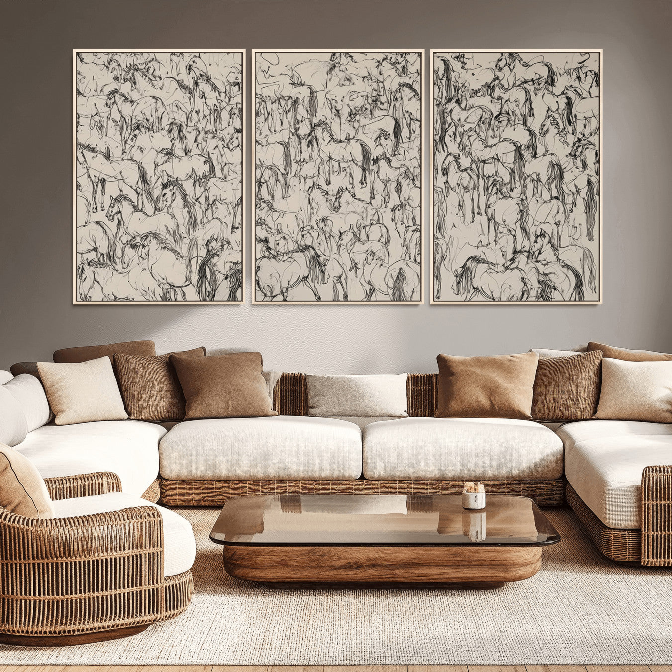 25718-MGV-FC-60X30-3P_Natural-Abstract Horse Sketch Wall Art | Ready to Hang and Framed | Farmhouse Wall Decor for Living Room or
