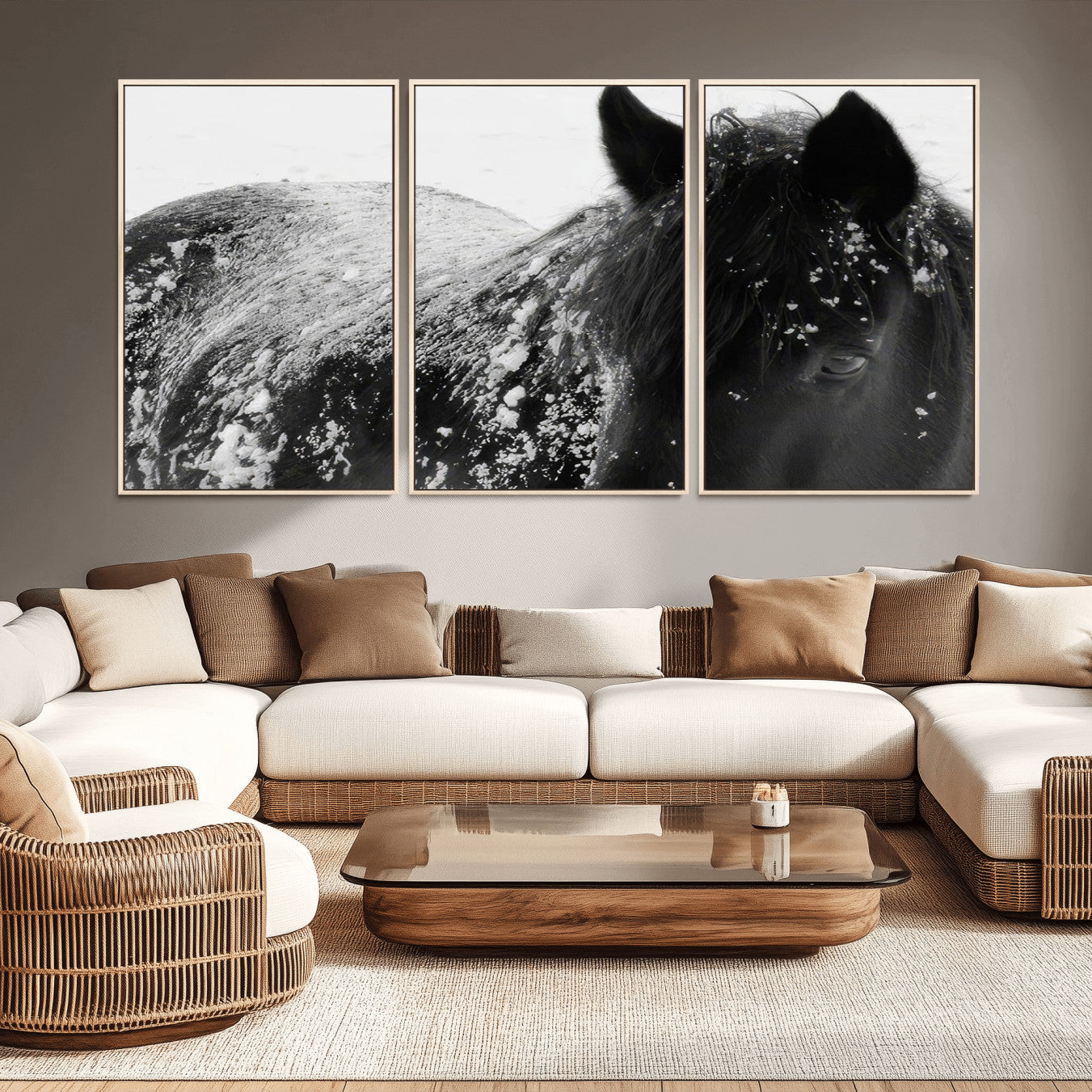 -Black Horse in Snow Canvas Print | Winter Horse Wall Art | Ready to Hang and Framed | Farmhouse Wall