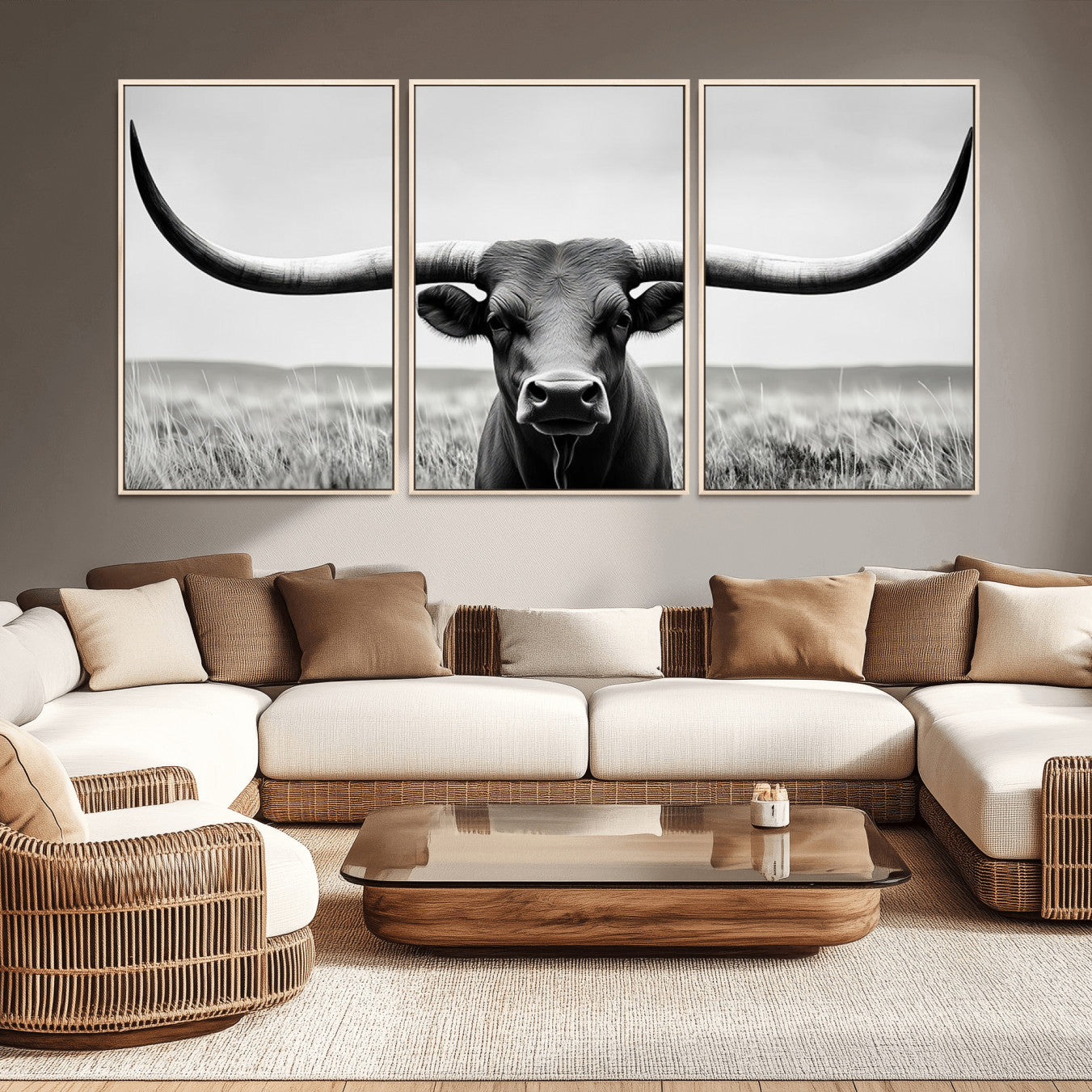 -Longhorn Bull Canvas Print | Rustic Farmhouse Wall Art | Western Decor | Ready to Hang and Framed