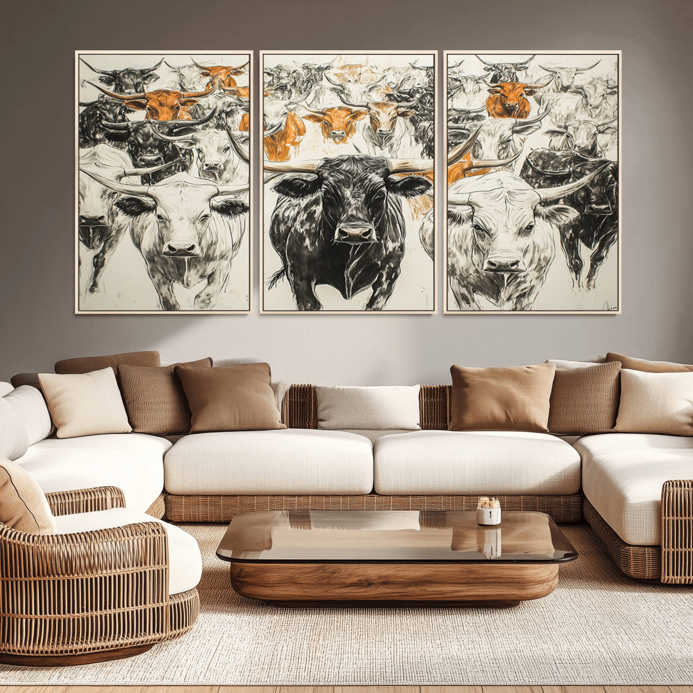 79794-MGV-CV-36X24-Farmhouse Wall Art | Western Longhorn Cattle Canvas Print | Ready to Hang and Framed Barn Decor