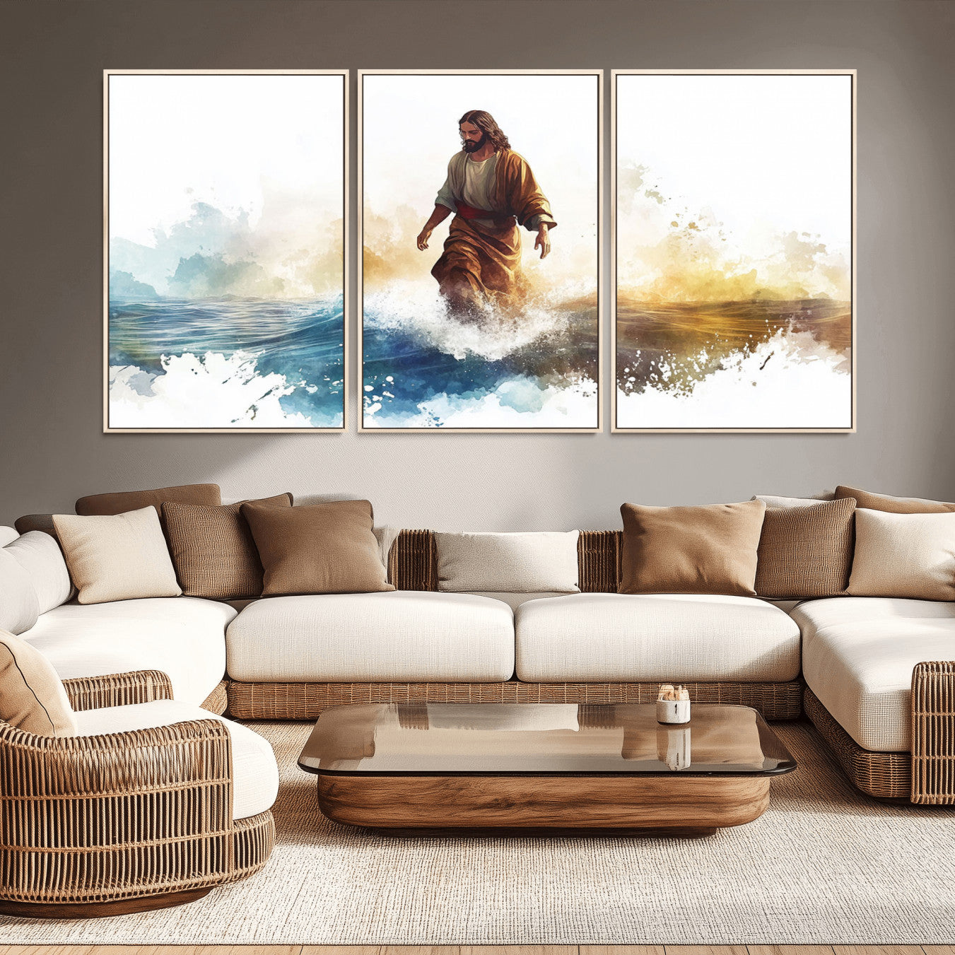 -Watercolor Jesus Walking Wall Art Print, Jesus Water Canvas Print, Christian Wall Art, Jesus Christ
