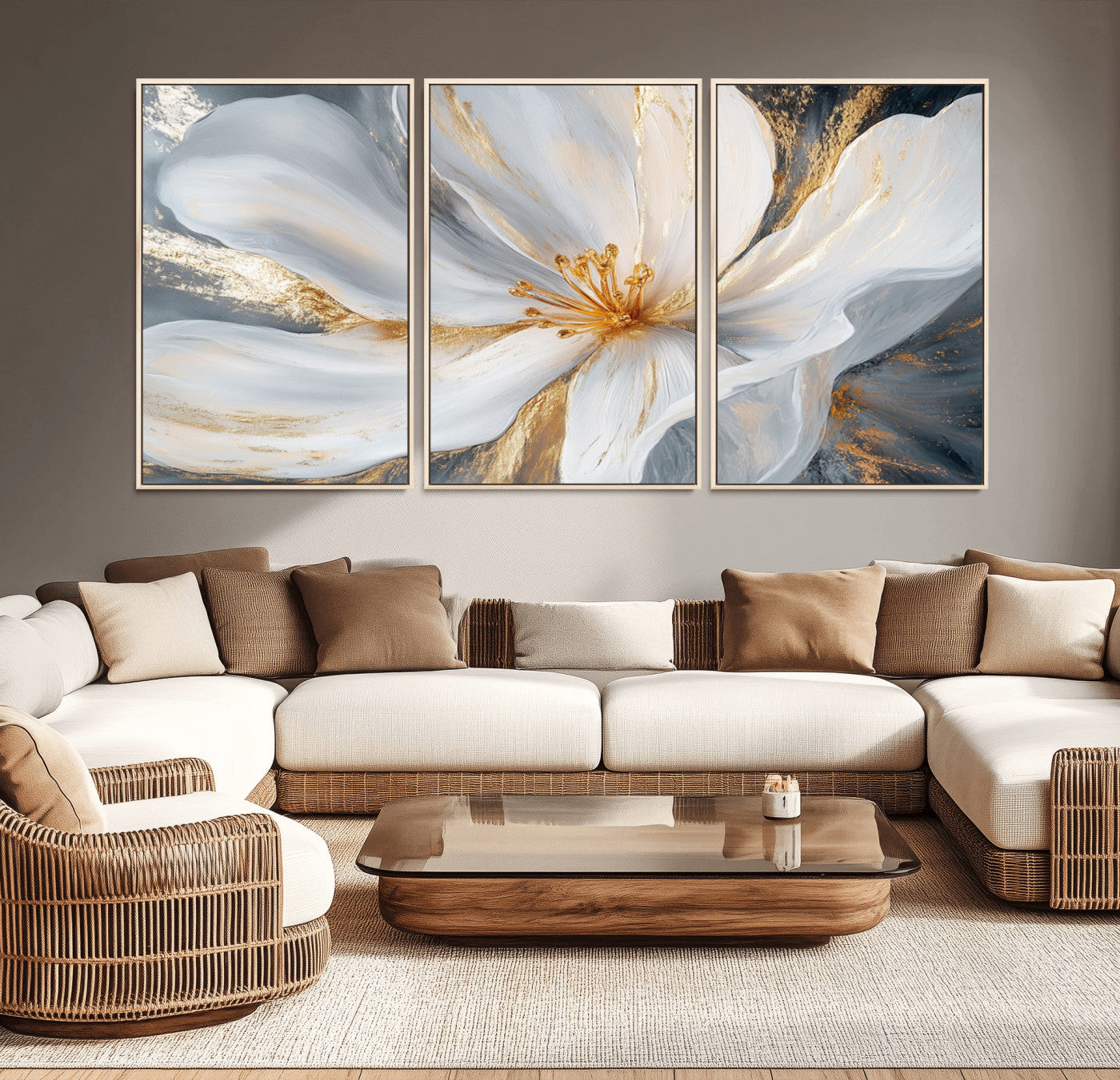 83149-MGV-CV-36X24-White and Gold Floral Canvas Wall Art - Framed and Ready to Hang - Perfect for Modern Living Rooms