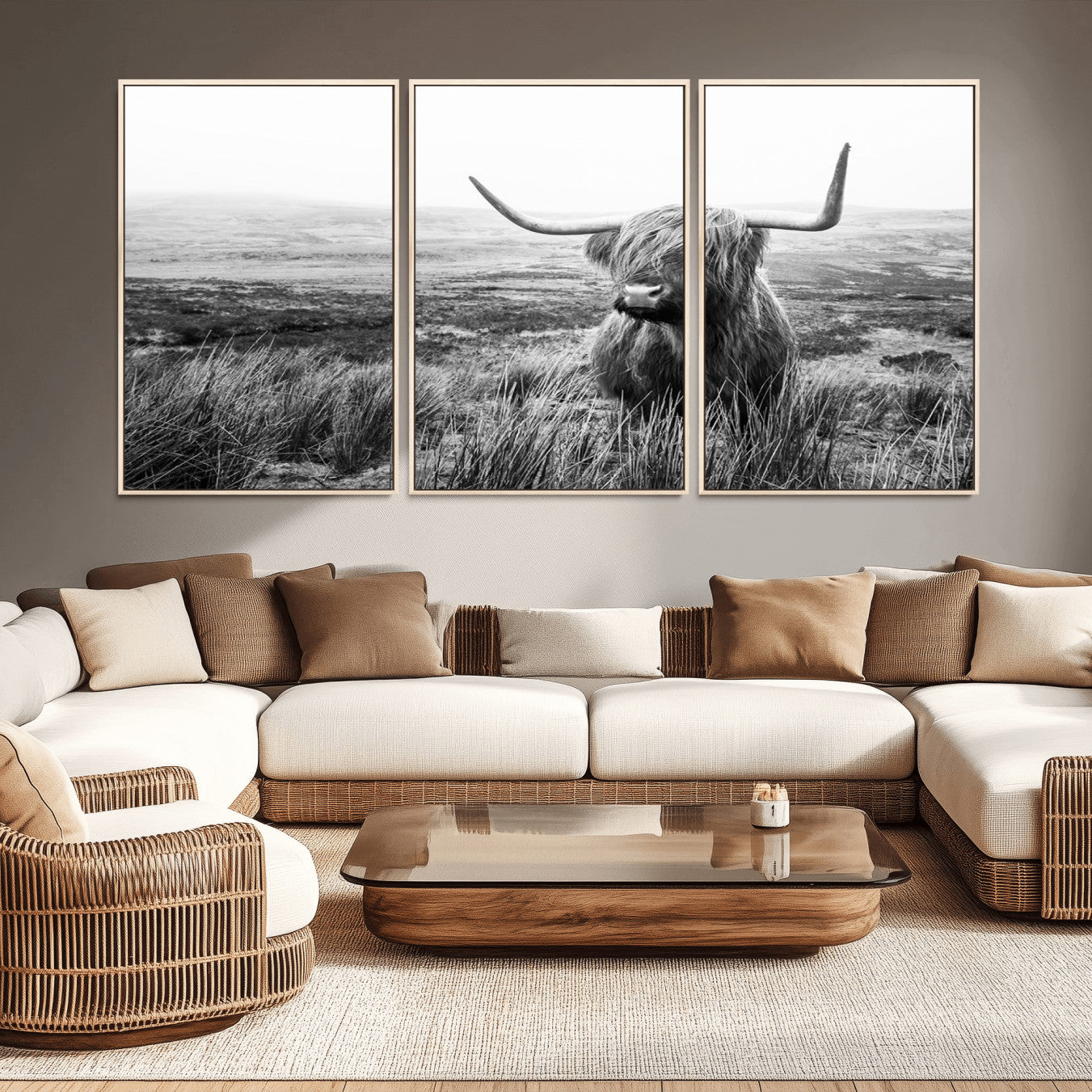 -Scottish Highland Cow Wall Art | Black and White Canvas Print | Ready to Hang and Framed | Rustic