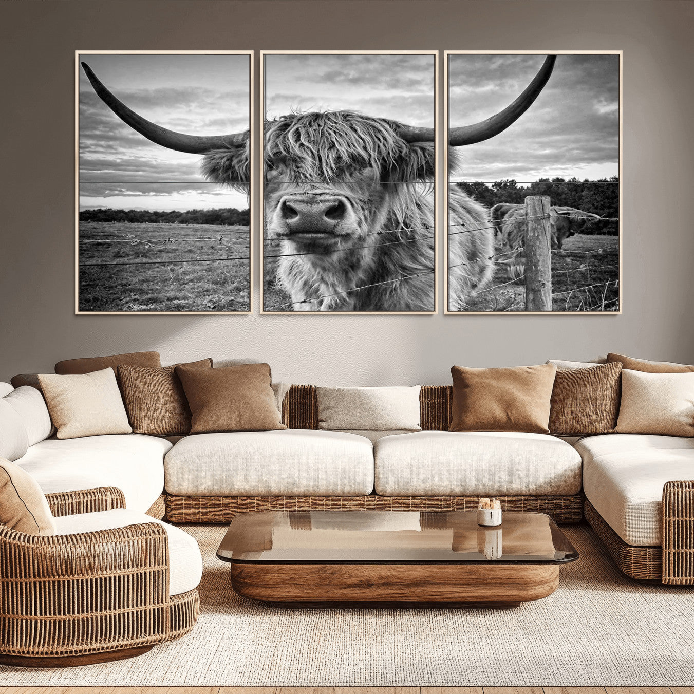 -Scottish Highland Cow Canvas Wall Art Farmhouse Decor, Framed Scottish Highland Cow Print