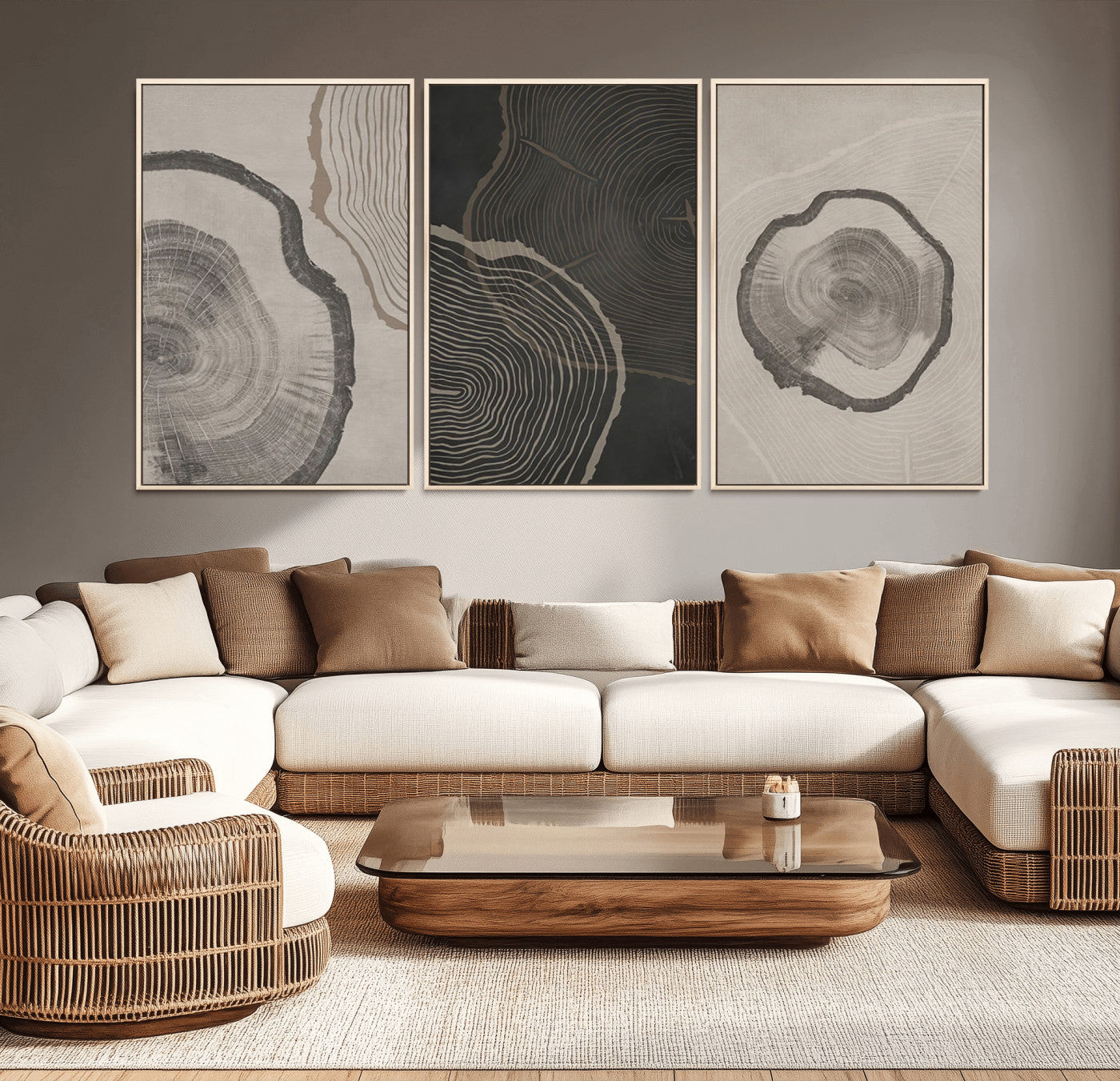 25407-MGV-CV-36X24-Modern Abstract Tree Ring Canvas Art Set | 3 Panel Large Tree Ring Design for Living Room, Office,