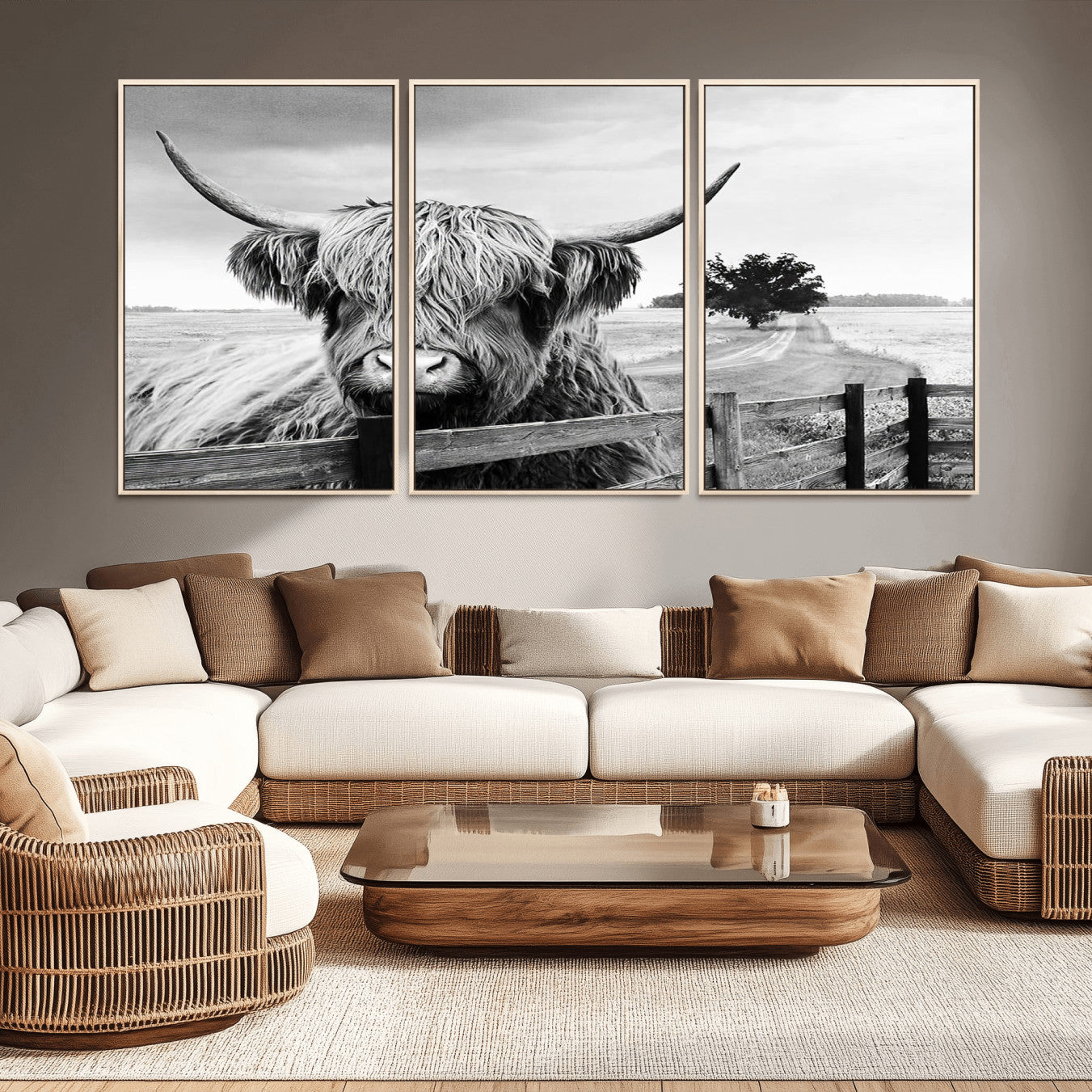 -Scottish Highland Cow Wall Art | Rustic Farmhouse Décor | Black and White Ready to Hang Canvas Print