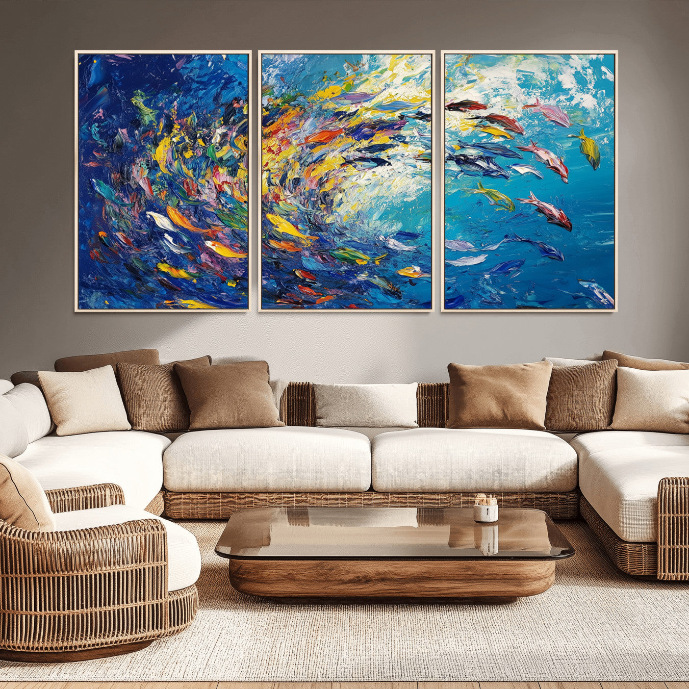 -Colorful Swirling Fish School Wall Art Canvas Print | Oceanic Abstract Painting | Ready to Hang |