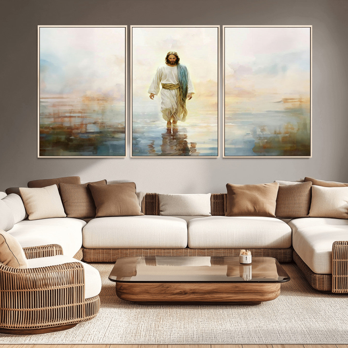 -Framed Jesus Walking on Water Wall Art - 3-Panel Christian Canvas Prints, Religious Artwork for