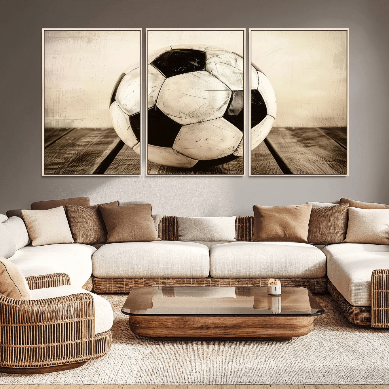 -Vintage Soccer Ball Wall Decor Canvas Art – 3-Panel Soccer Wall Decor, Framed and Ready to Hang