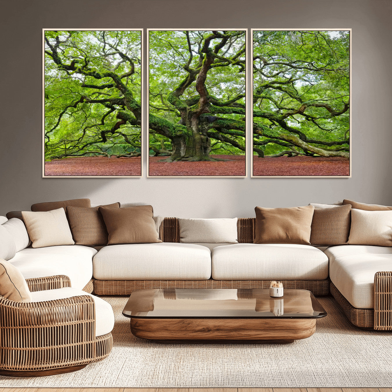 40313-MGV-CV-36X24-Framed Angel Oak Tree Wall Art - 3-Panel Canvas Prints, Large Green Nature Artwork, Ready to Hang