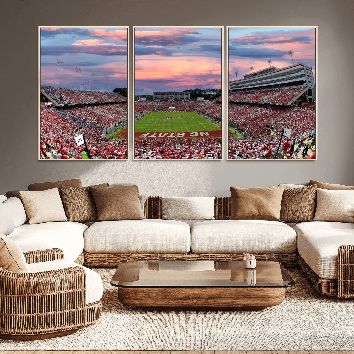 -Carter-Finley Stadium Art Sunset Game Triple Canvas Wall Art - NC State Wolfpack Football Match