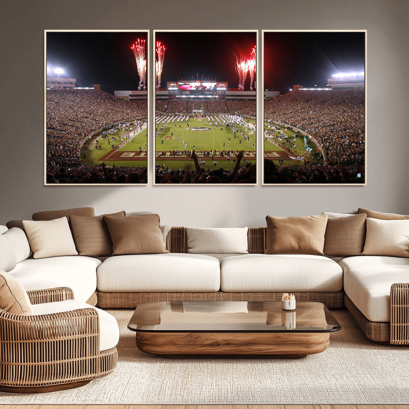 86288-MGV-FC-60X30-3P_Natural-Framed Florida State Seminoles Football Team Print - Tallahassee Doak Campbell Stadium Wall Art