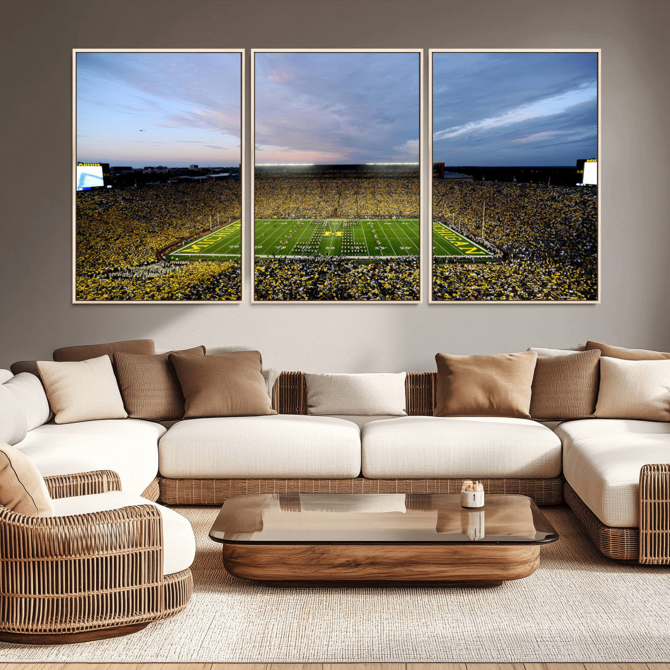 82641-MGV-FC-60X30-3P - Michigan Stadium Wall Art Canvas Print, Vibrant Game Day Crowd and Sunset Sky Football Field Artwork for Home, Office
