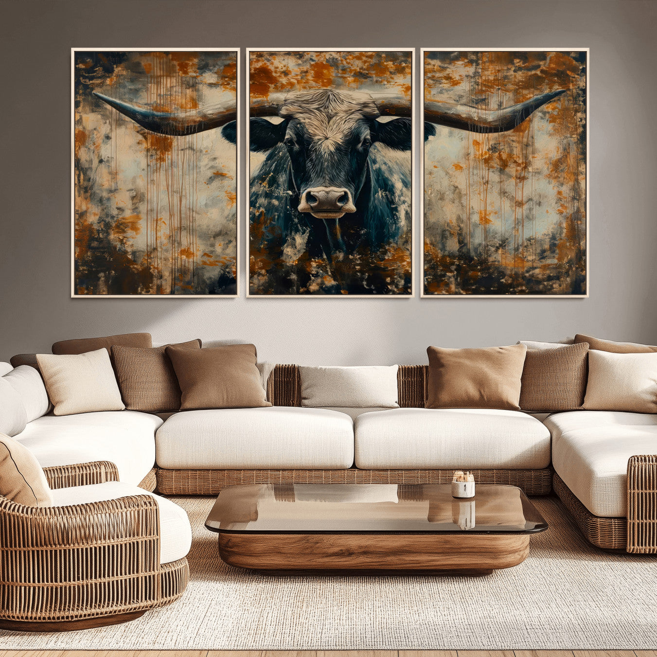 -Longhorn Wall Art – Rustic Western Bull Canvas Print, Modern Farmhouse Animal Decor for Living Room, Office, or Ranch House