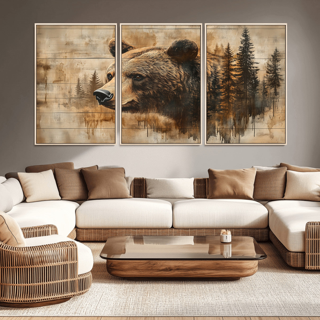 -Rustic Grizzly Bear Wall Art, Abstract Grizzly 399 Bear Wall Art Canvas Print - Woodland Wildlife