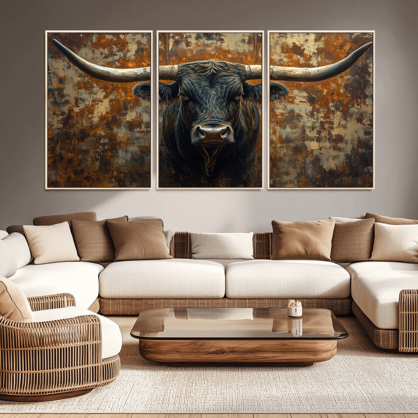 -Longhorn Texas Cow Bull Wall Art | Rustic Farmhouse Canvas Print | Ready to Hang Barn Decor for