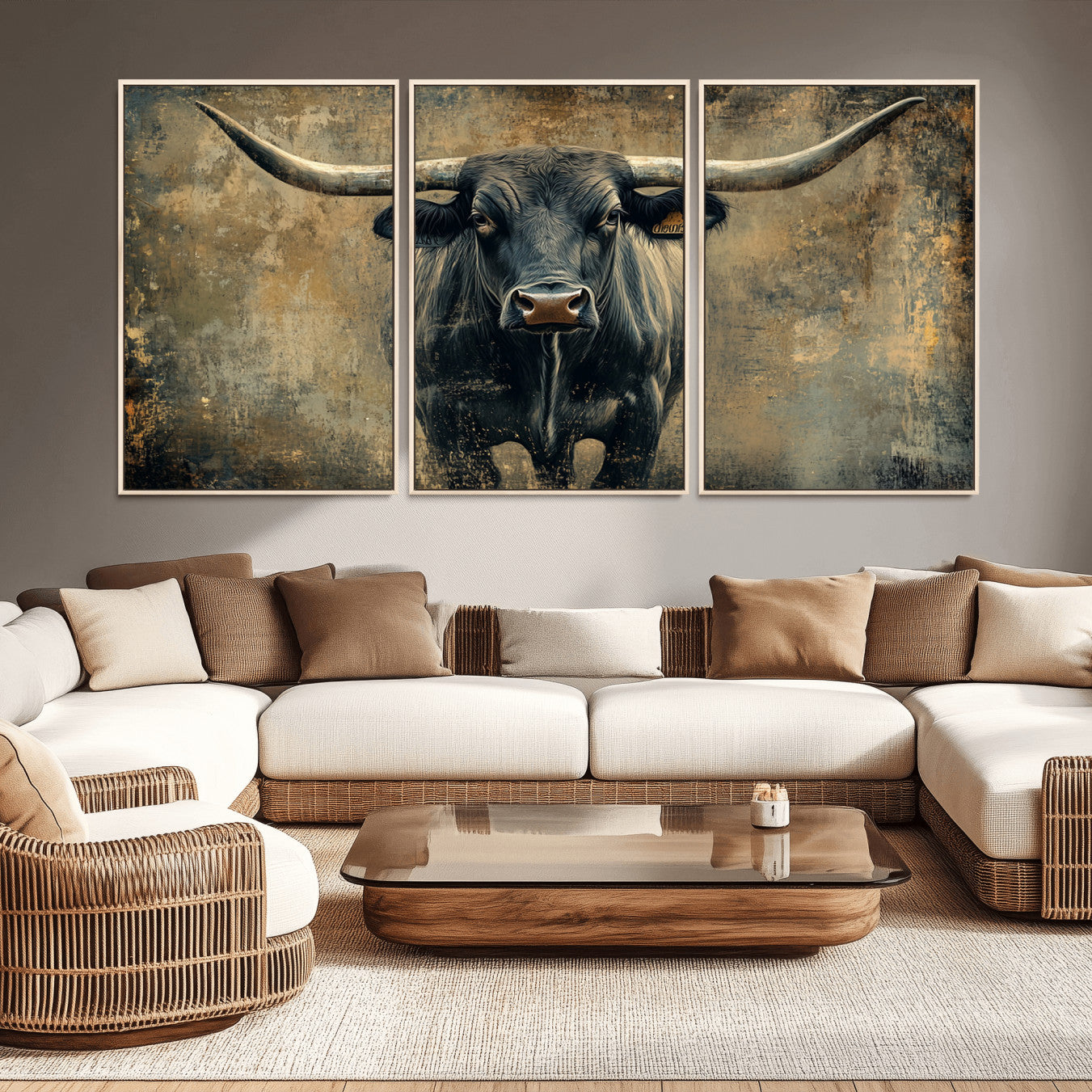 -Texas Longhorn Bull Wall Art – Framed Rustic Cow Canvas Print, Western Farmhouse Decor Artwork for Living Room or Office