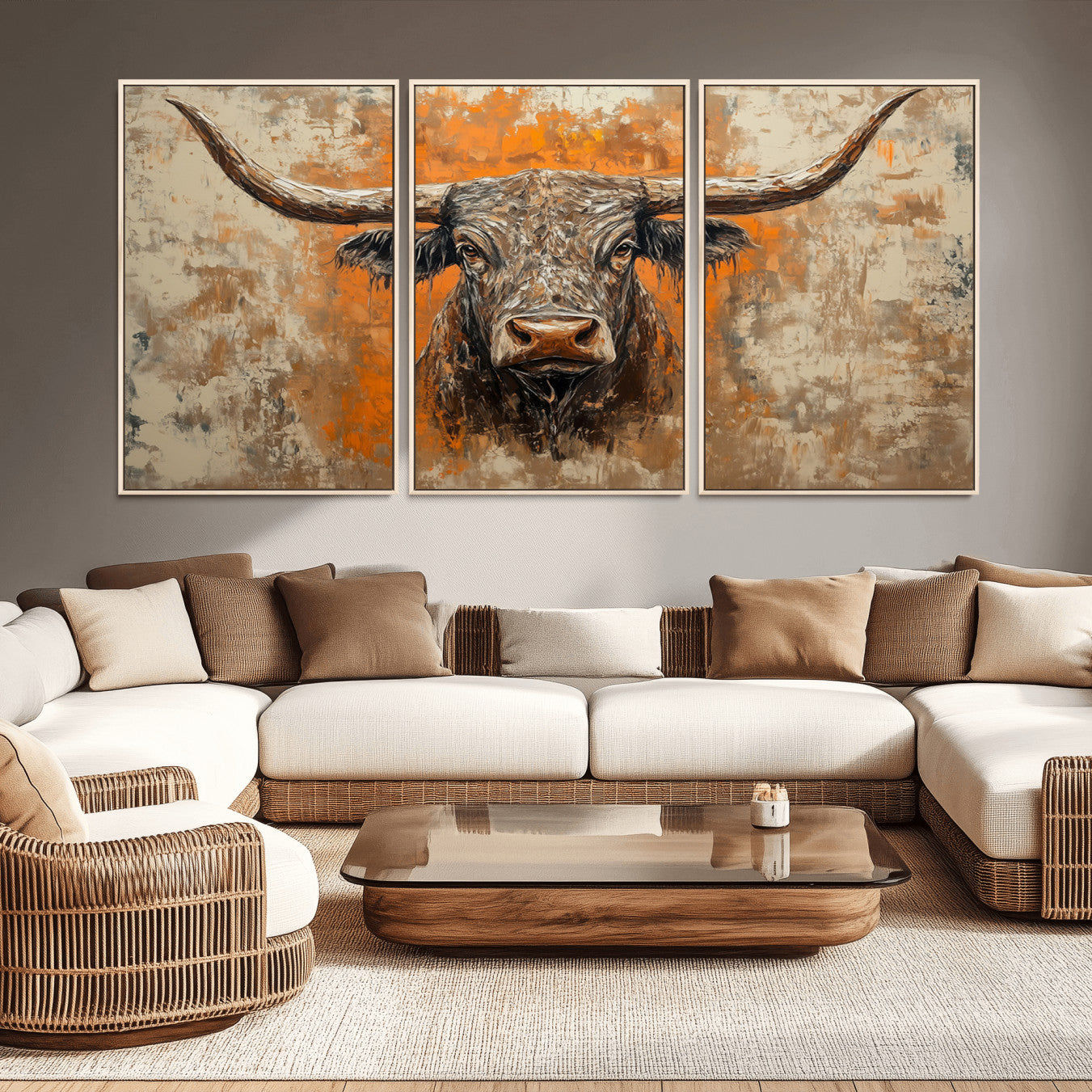 -Abstract Cow Longhorn Bull Wall Art Canvas Print - Rustic Texas Western Cattle Artwork