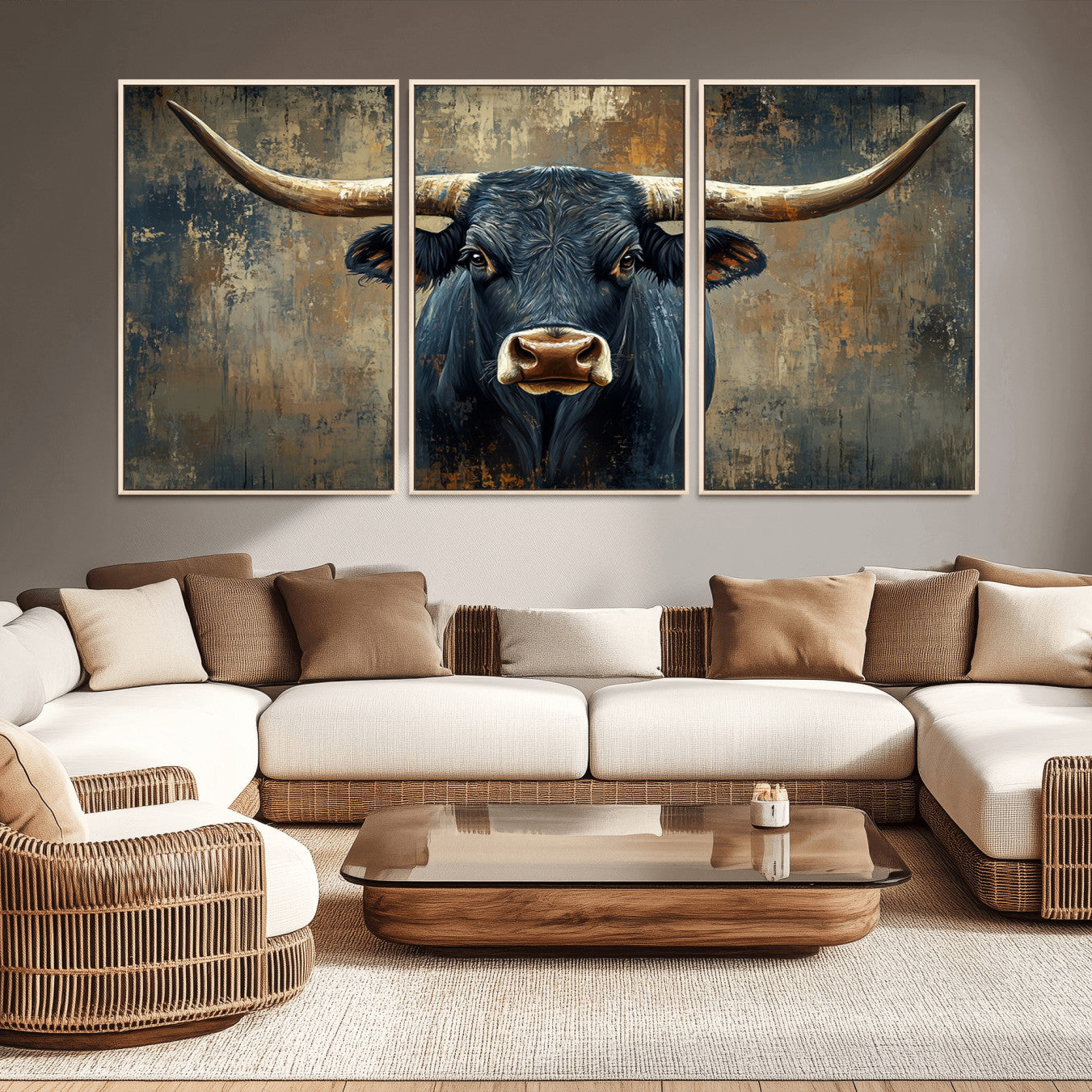 42026-MGV-CV-36X24-Texas Western Wall Art Canvas Print - Abstract Cow Longhorn Bull Wall Art Canvas Print - Rustic Cow