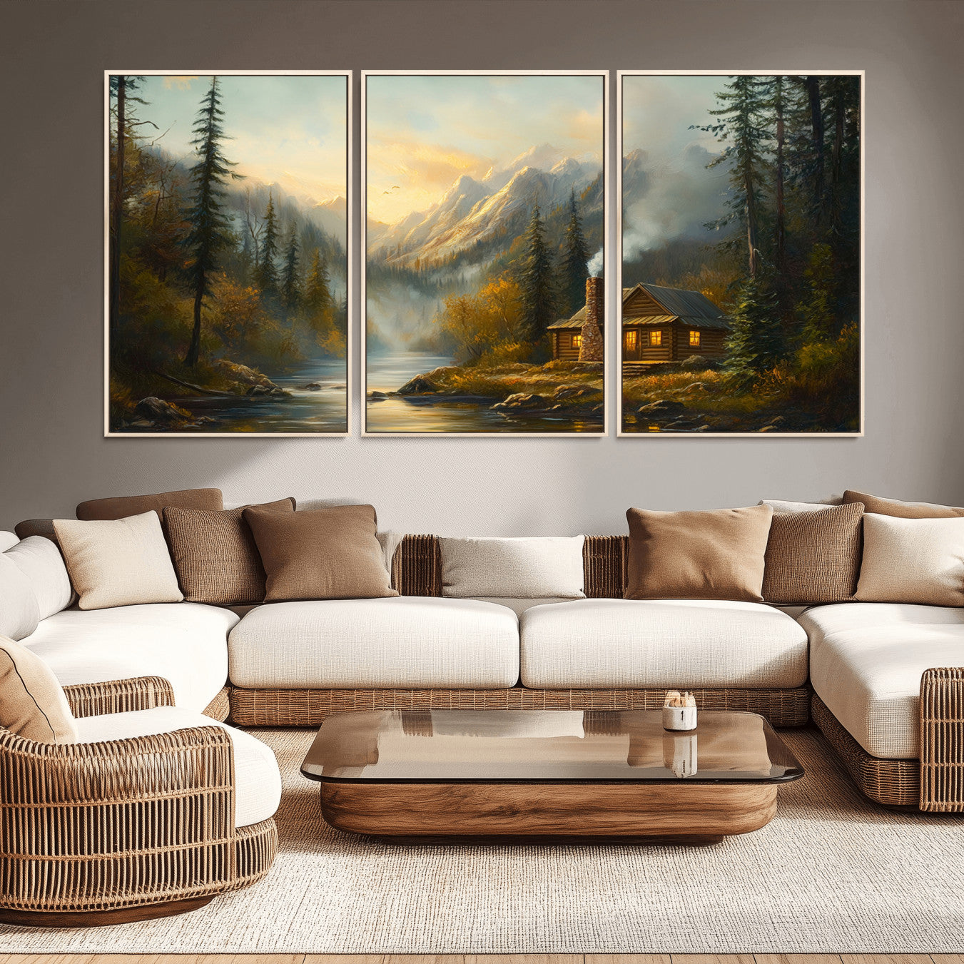 76464-MGV-CV-36X24-Wood Cabin Retreat Mountain at Sunset Wall Art Print - Serene Forest and River Landscape Wall Art