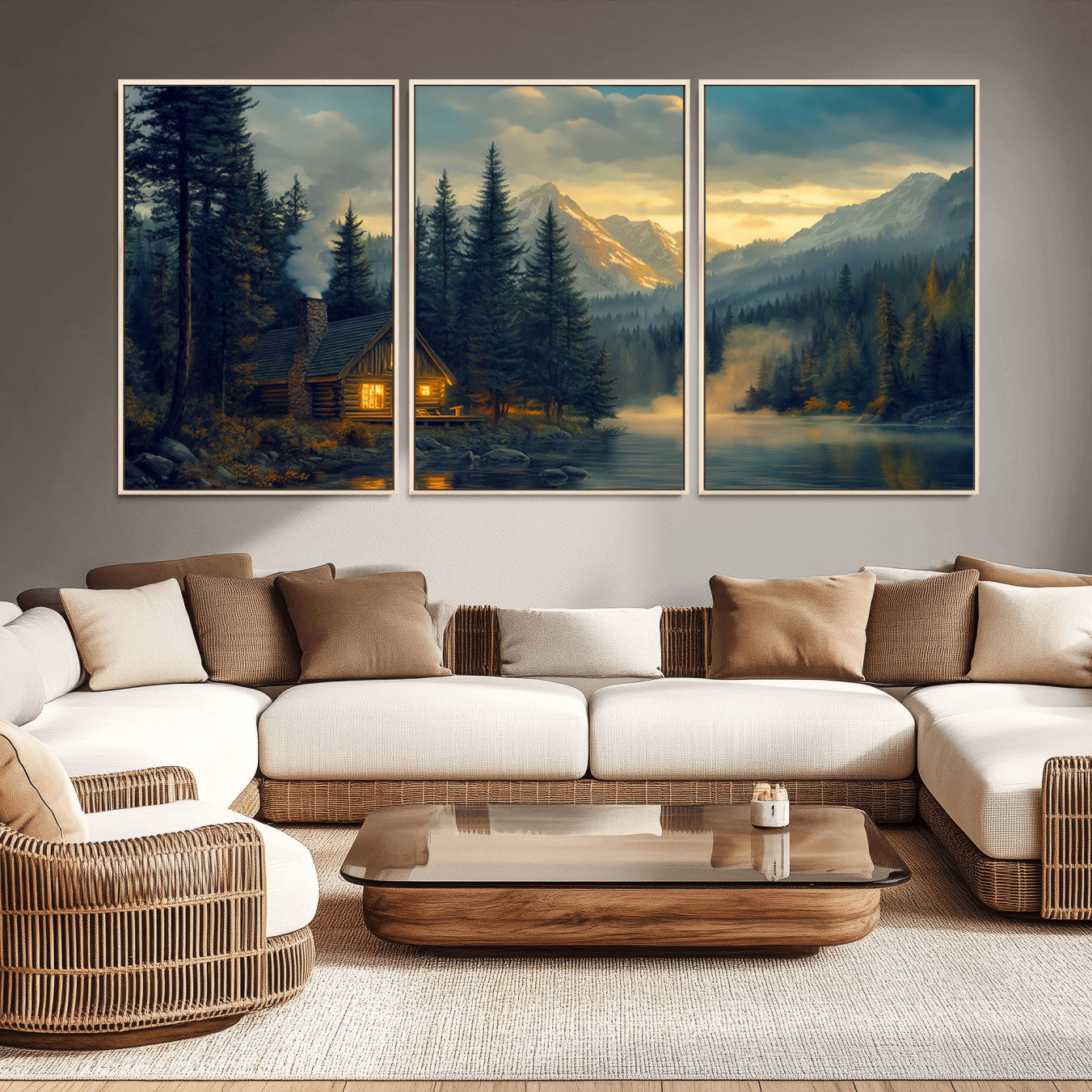 94027-MGV-CV-36X24-Mountain Cabin by the Lake at Sunset Wall Art - Serene Nature Canvas Print for Living Room Decor,