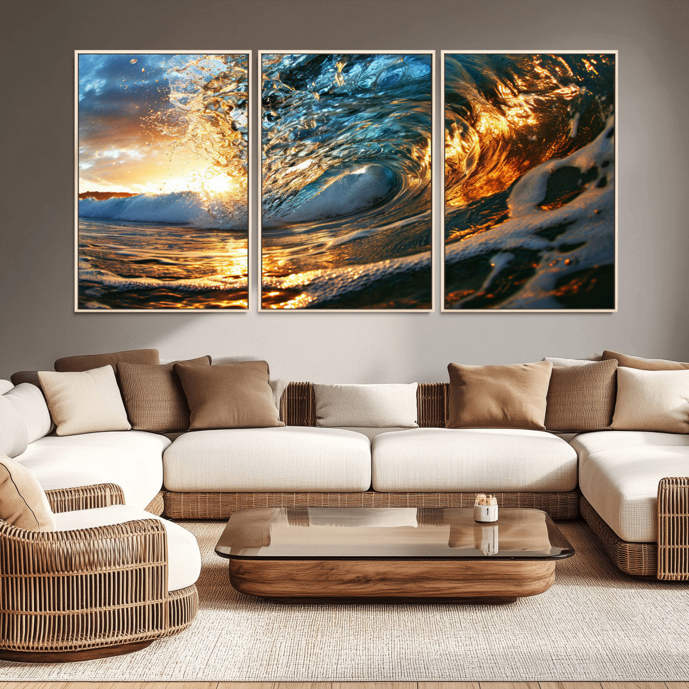 41370-MGV-CV-36X24-Ocean Wave at Sunset Canvas Wall Art – Vibrant Coastal Beach Waves Print, Large Nautical Decor,