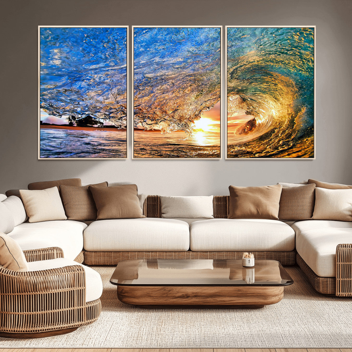 84627-MGV-CV-36X24-Ocean Wave at Sunset Canvas Wall Art – Vibrant Coastal Beach Waves Print, Large Nautical Decor,