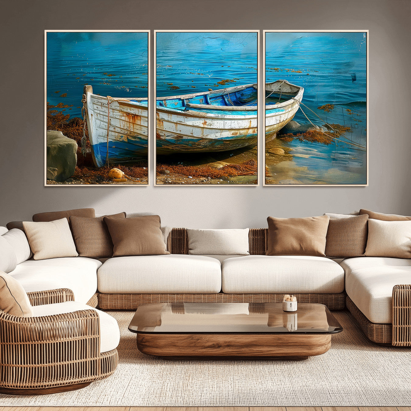 54716-MGV-CV-36X24-Vintage Boat on Tranquil Waters | Coastal Wall Art for Nautical Decor | Rustic Triptych Canvas Print