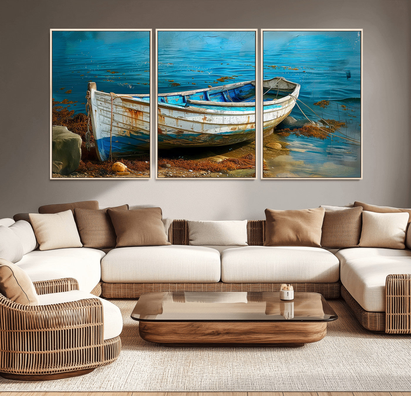 54716-MGV-CV-36X24-Vintage Boat on Tranquil Waters | Coastal Wall Art for Nautical Decor | Rustic Triptych Canvas Print