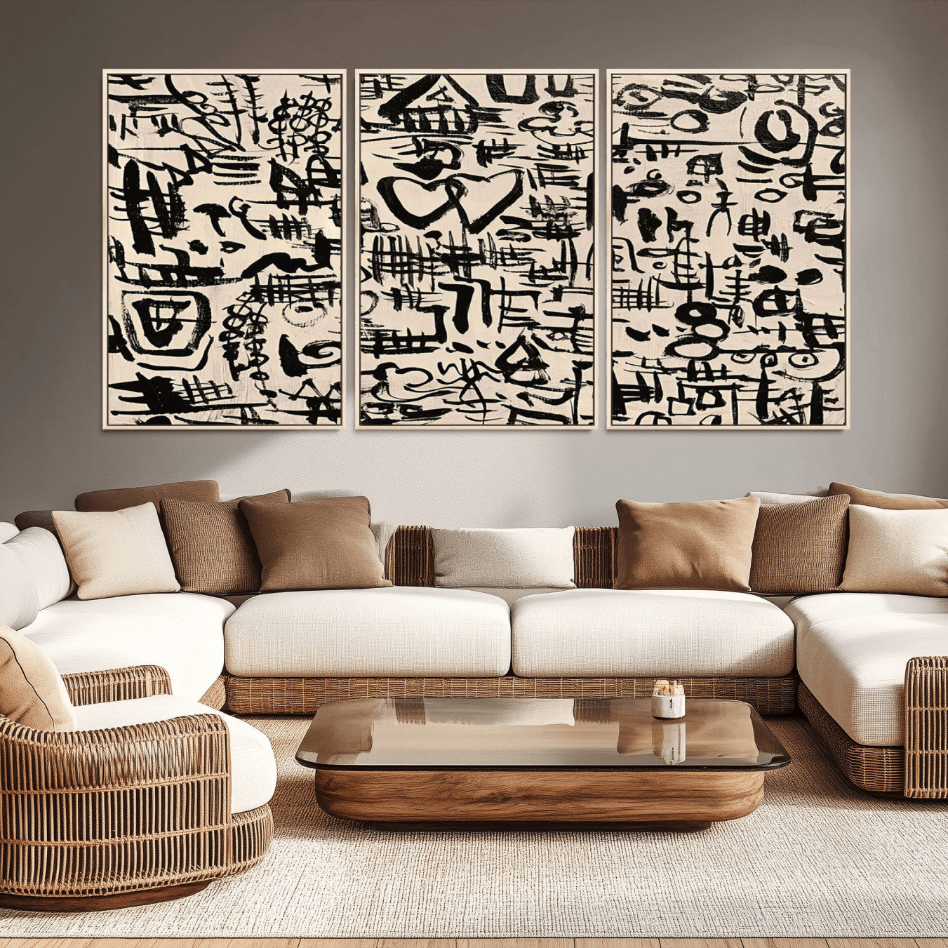 68273-MGV-FC-60X30-3P - Abstract Love and Chaos Canvas Print, Black Symbols on Beige