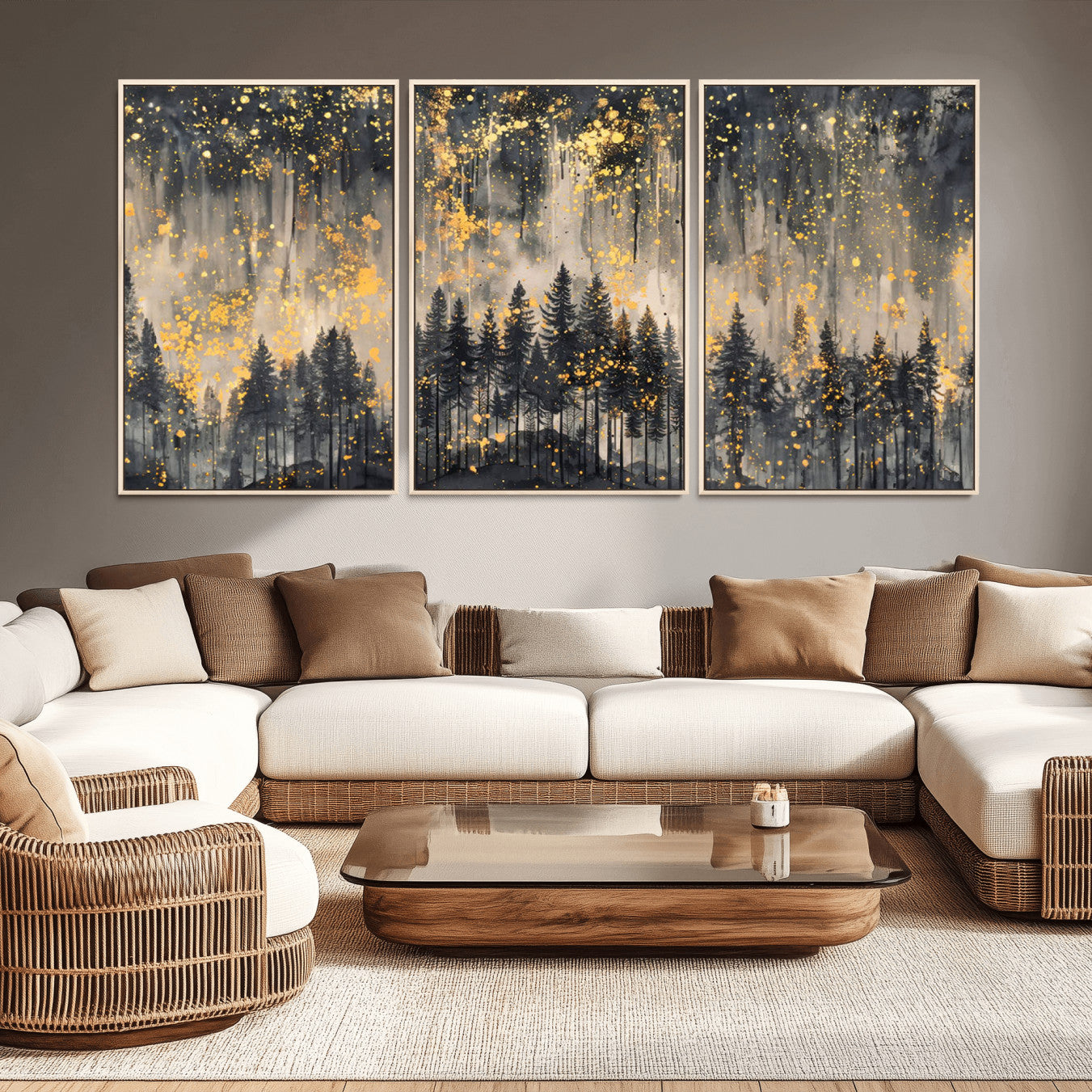 46049-MGV-CV-36X24-Golden Forest Abstract Wall Art | Dark Forest with Gold Splatter Accents | Triptych Ready to Hang