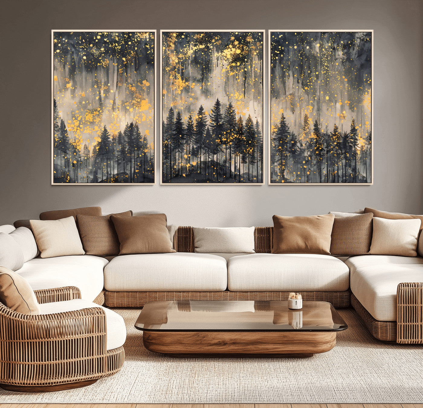 46049-MGV-CV-36X24-Golden Forest Abstract Wall Art | Dark Forest with Gold Splatter Accents | Triptych Ready to Hang