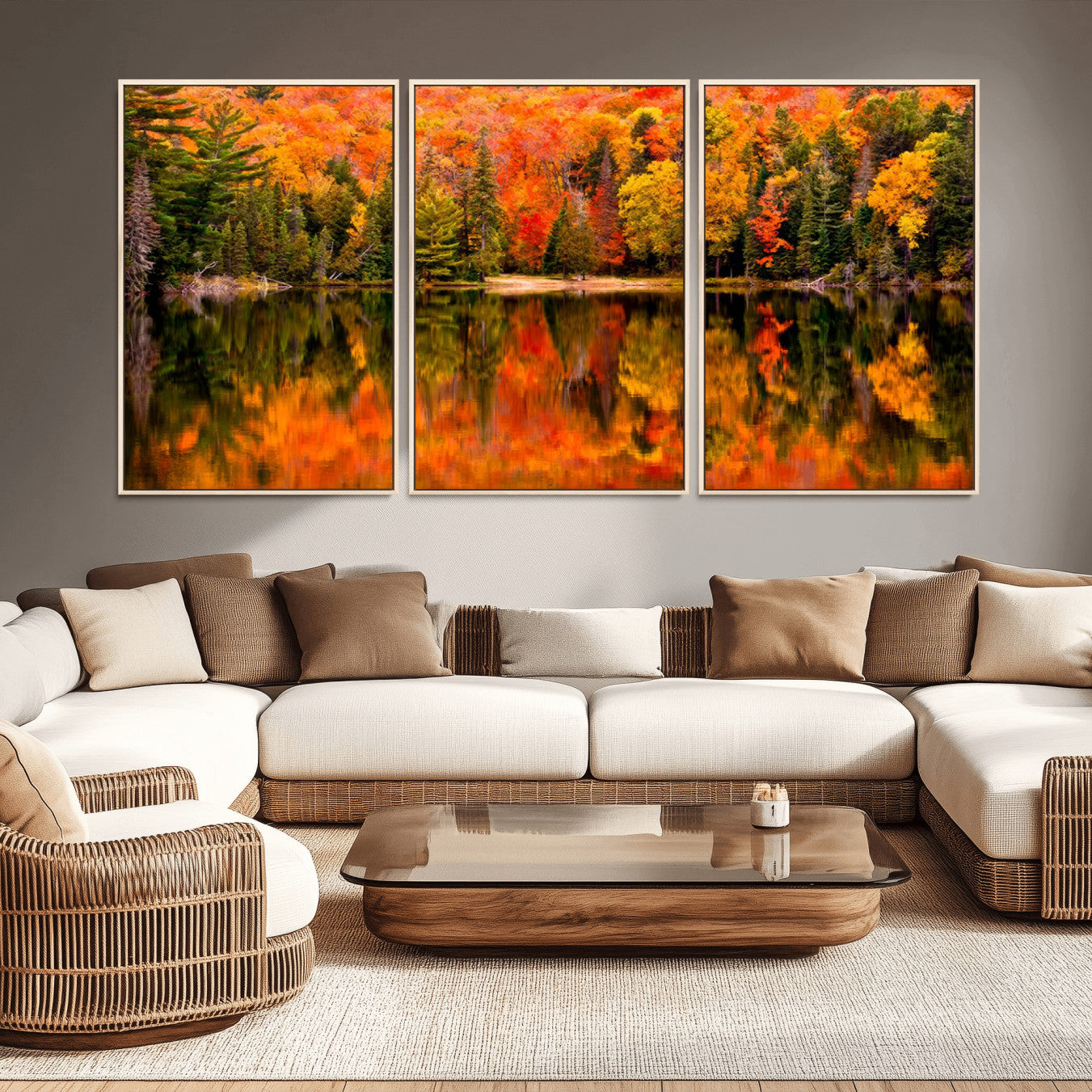 -Forest Reflection Art | Autumn Forest Reflection Wall Art | Triptych Canvas Print | Vibrant Fall