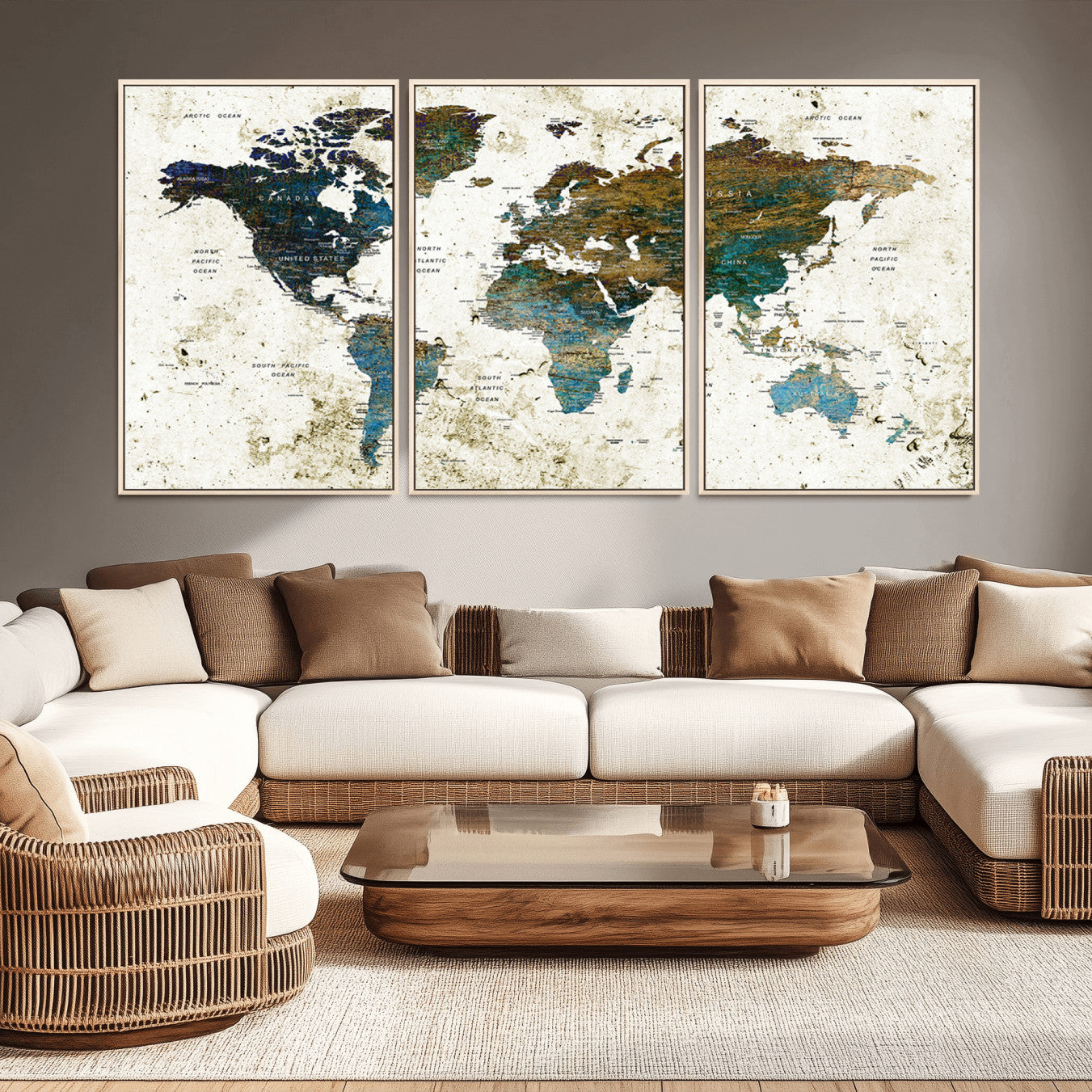 89176-MGV-CV-36X24-Vintage Blue and Brown World Map Canvas Wall Art – Framed Rustic Map Print, Earth Tone Travel Decor for Stylish Home and Office Walls