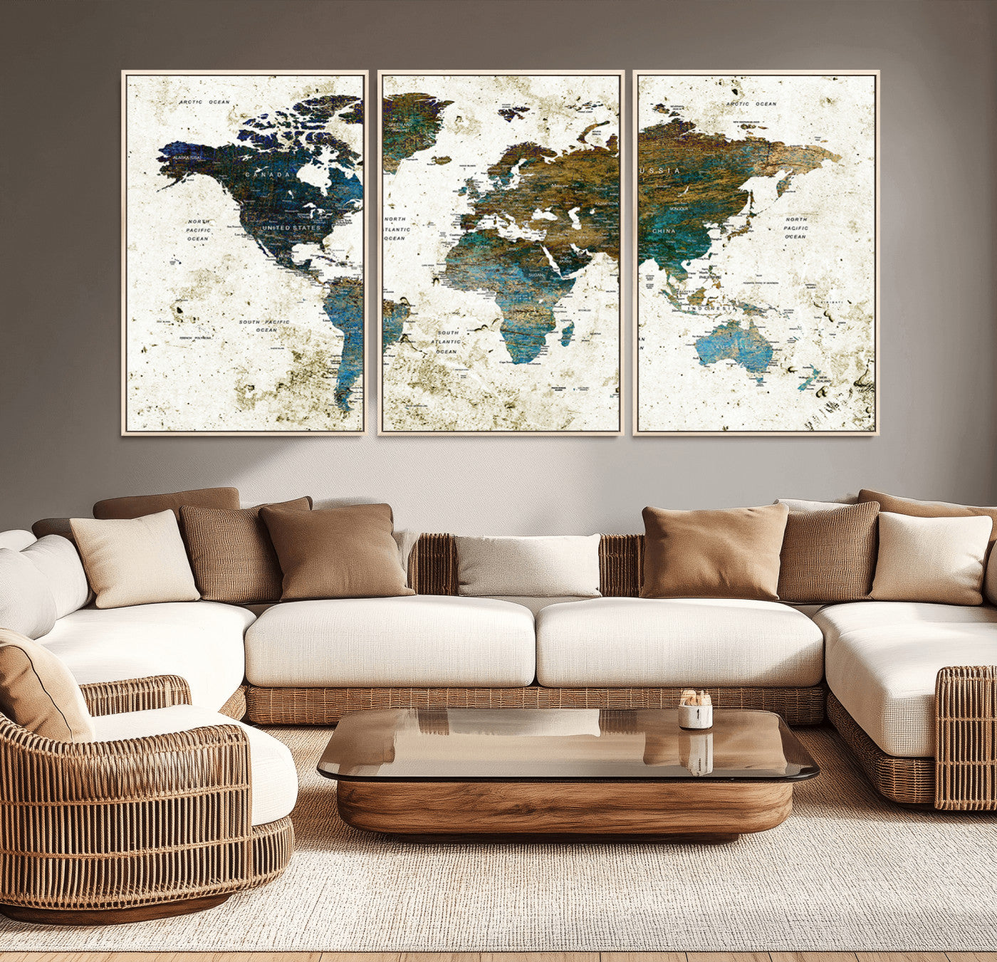 89176-MGV-CV-36X24-Vintage Blue and Brown World Map Canvas Wall Art – Framed Rustic Map Print, Earth Tone Travel Decor for Stylish Home and Office Walls