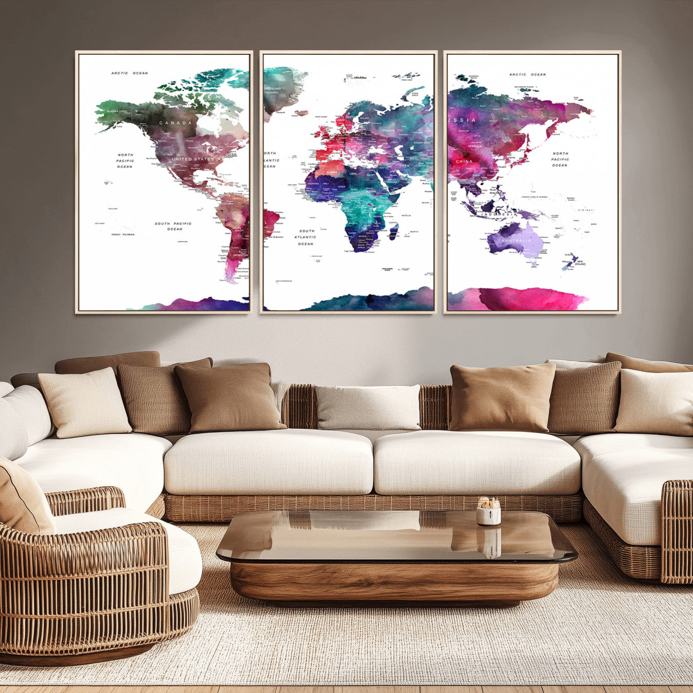 78176-MGV-CV-36X24-Colorful Watercolor World Map Canvas Wall Art – Framed Modern Map Print, Vibrant Travel Inspired Artwork for Home and Office Decor