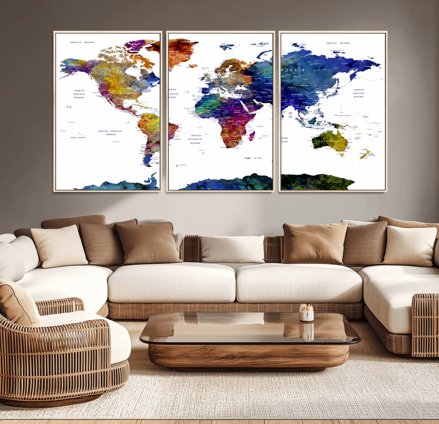 90446-MGV-CV-36X24-Colorful Watercolor World Map Canvas Wall Art – Framed Modern Push Pin Travel Map for Home and Office Decor