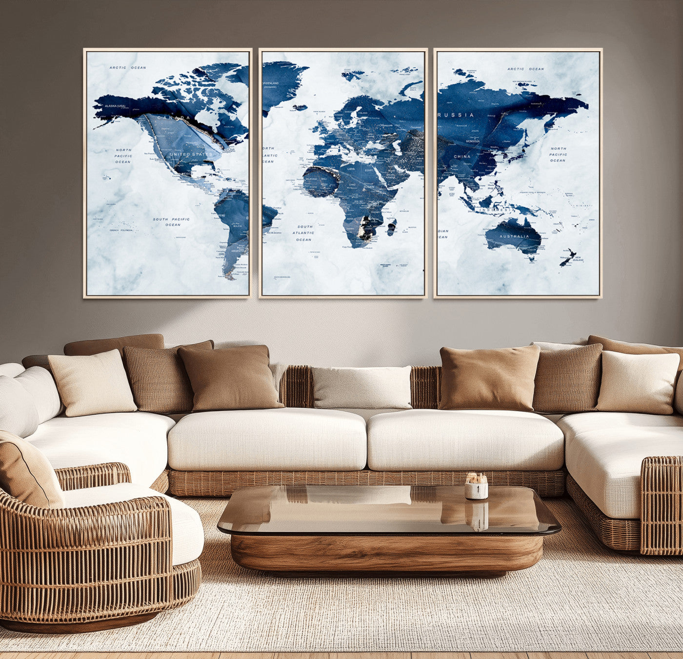 -Modern Blue Marble World Map Canvas Print – Framed Push Pin Wall Art, Elegant Travel Map Artwork for Home Office or Living Room Decor