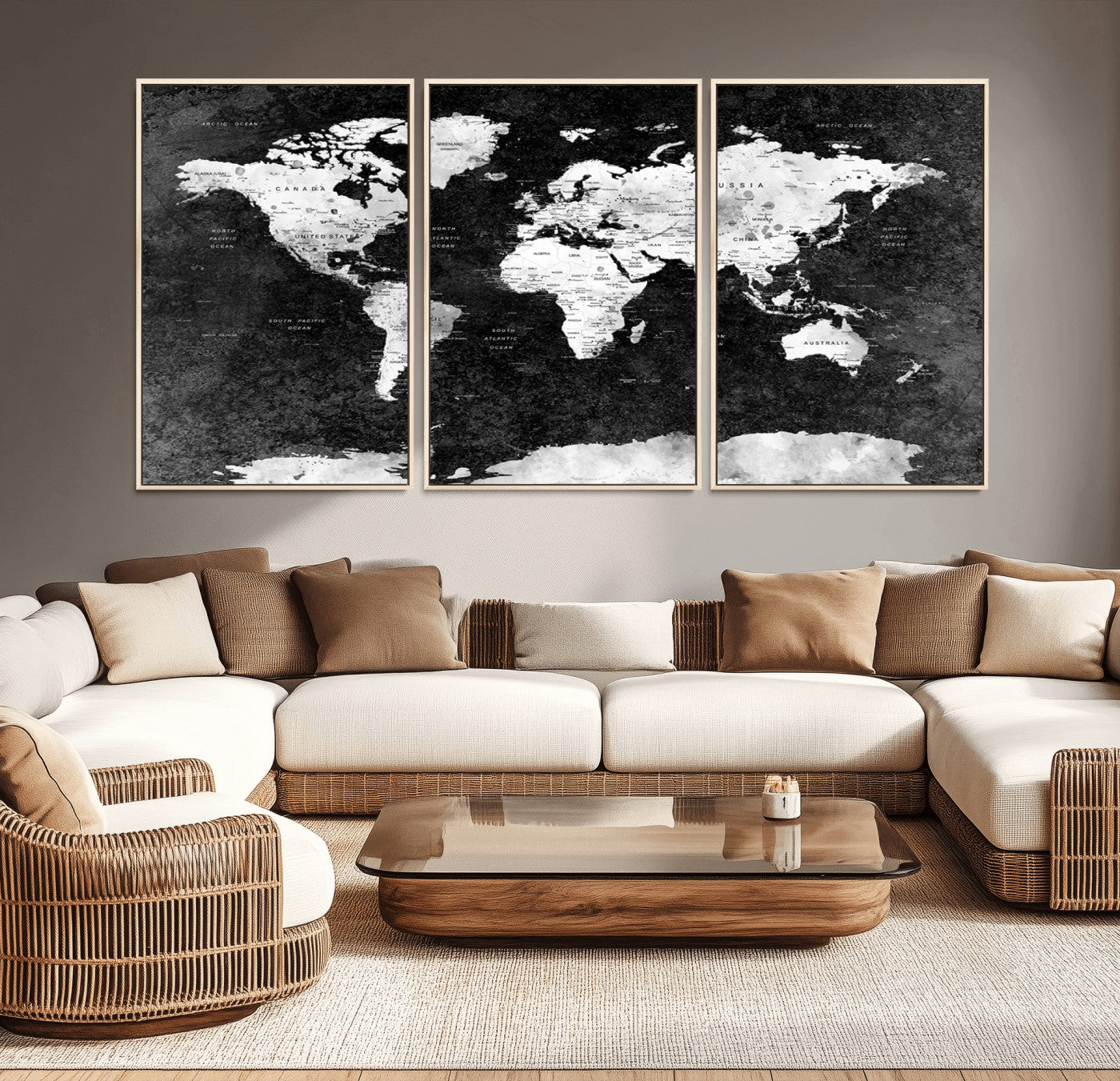 90682-MGV-CV-36X24-Black and White World Map Canvas Print – Framed Push Pin Wall Art for Couples, Modern Minimalist Travel Map for Elegant Home and Office Decor
