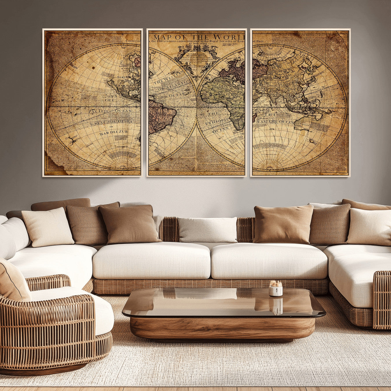 Ant1001-MGV-FC-60X30-3P_Natural-Vintage World Map Wall Art Canvas – Antique Style Push Pin Travel Map, Framed Decorative Wall Decor for Home, Office