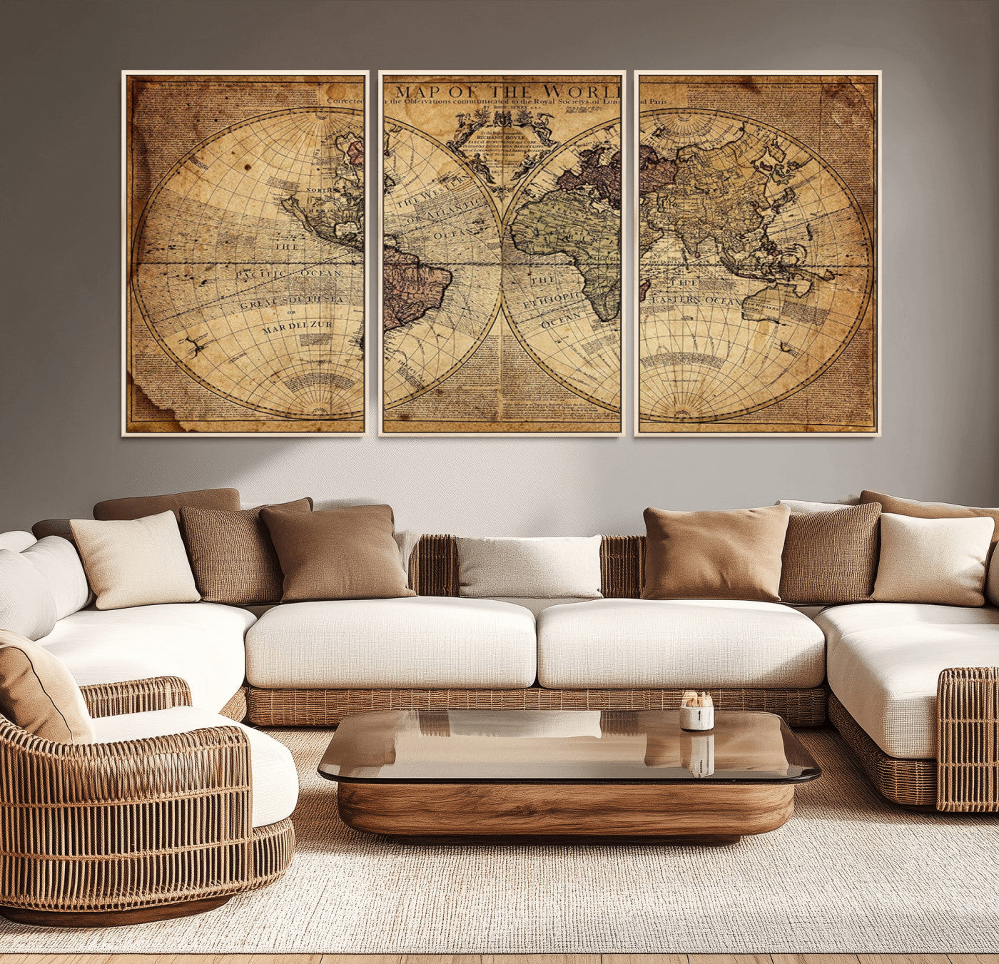 Ant1001-MGV-FC-60X30-3P_Natural-Vintage World Map Wall Art Canvas – Antique Style Push Pin Travel Map, Framed Decorative Wall Decor for Home, Office