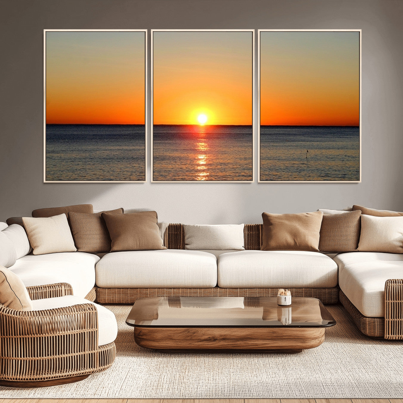 54676-MGV-FC-60X30-3P_Natural-Golden Horizon Sunset Over Ocean Wall Art Canvas Print – Tropical Beach Canvas Wall Art – Giclee