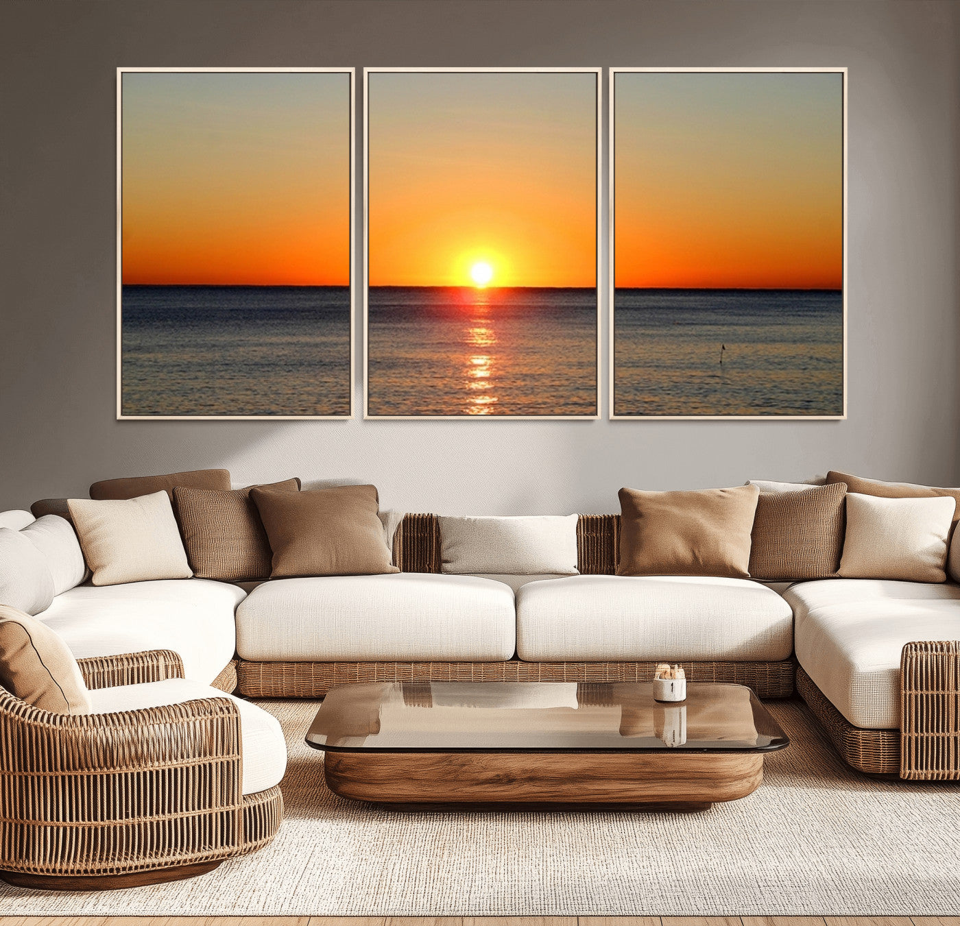 54676-MGV-FC-60X30-3P_Natural-Golden Horizon Sunset Over Ocean Wall Art Canvas Print – Tropical Beach Canvas Wall Art – Giclee