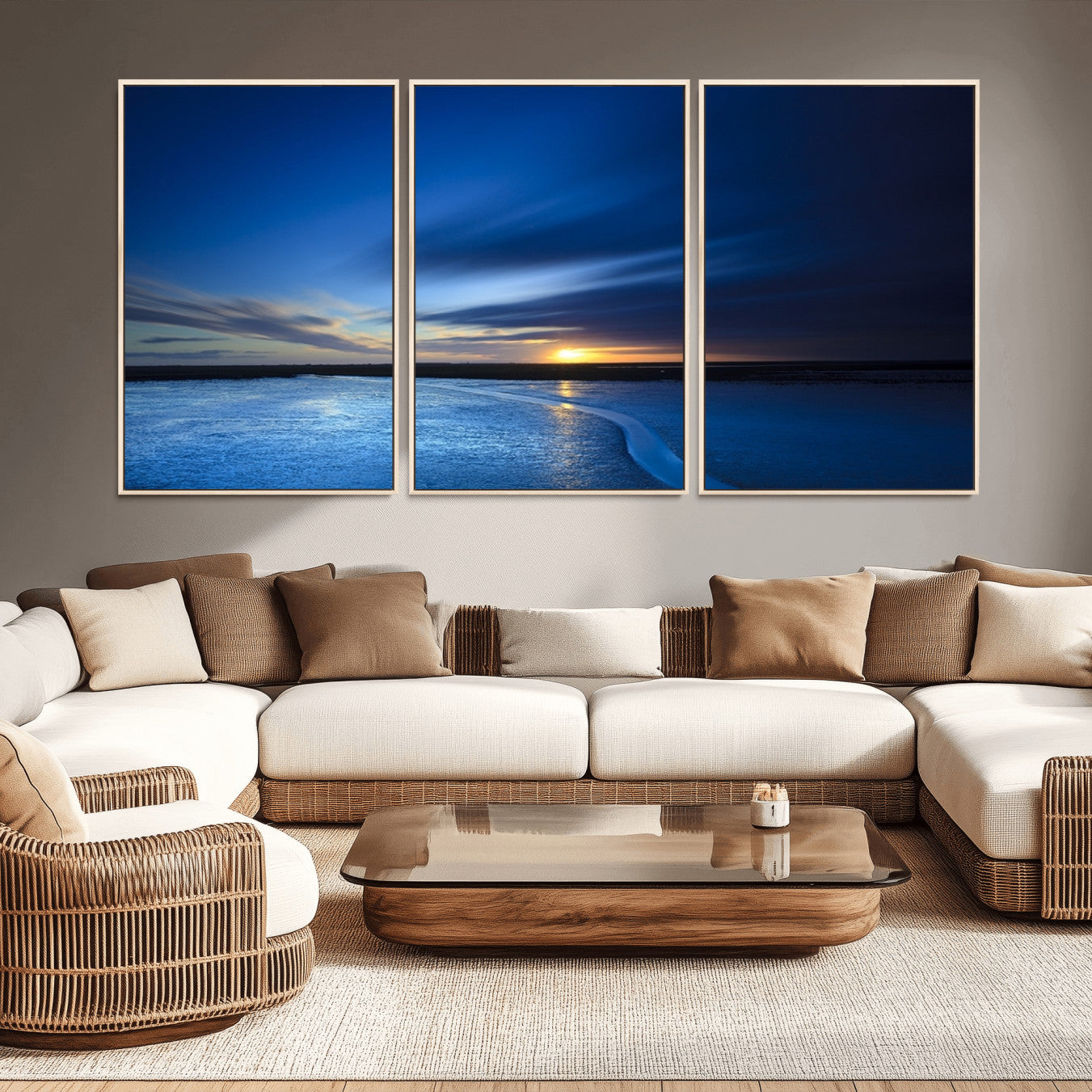 -Blue Sunset Ocean Canvas Wall Art Print – Serene Coastal Horizon Wall Decor for Home or Office –