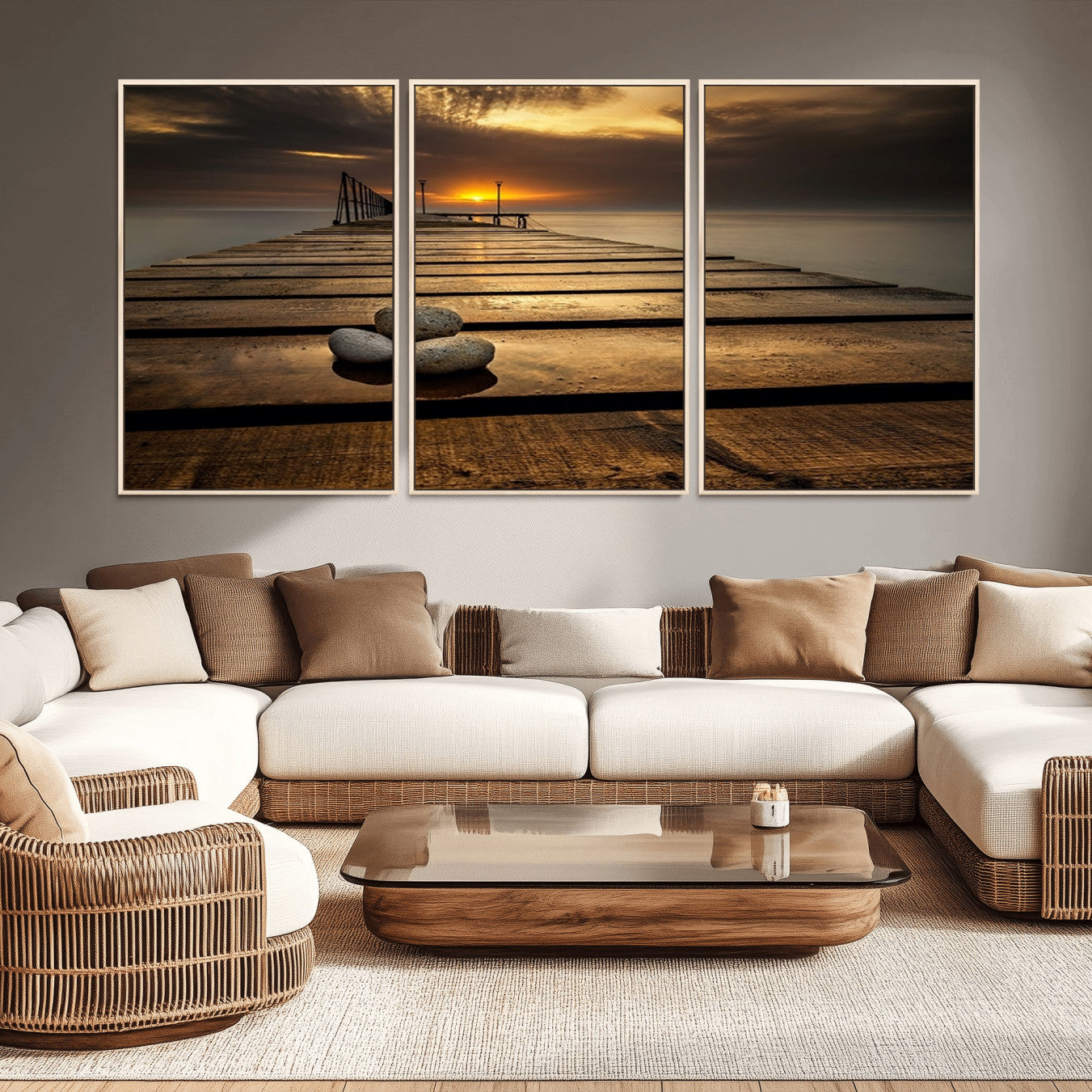 -Stones on Wooden Pier at Sunset Canvas Print, Serene Coastal Wall Art, Beach Sunset Photography,