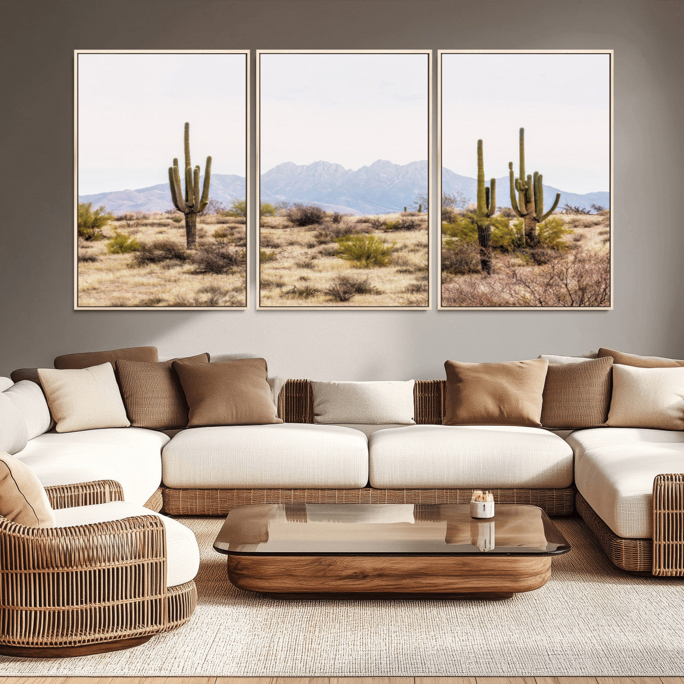 -Desert Cactus Canvas Wall Art – Serene Southwestern Arizona Landscape with Majestic Mountains -