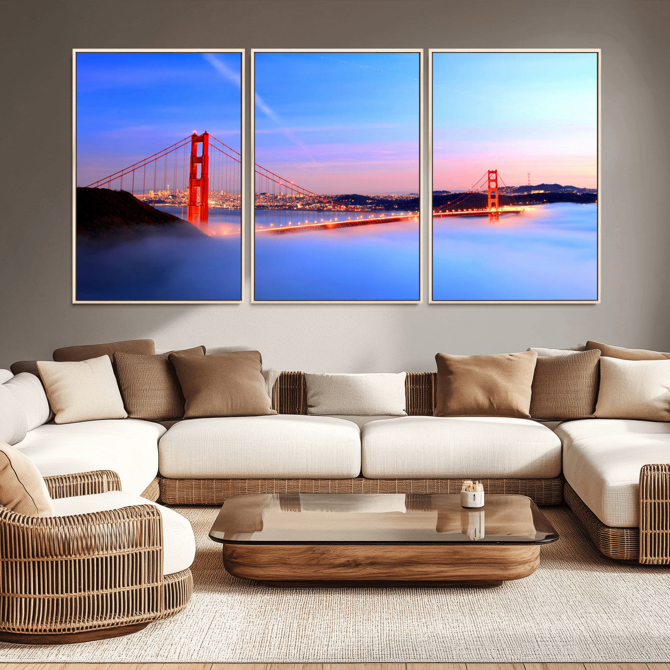 MGV-FC-60X30-3P - Golden Gate Bridge Wall Art Print, San Francisco Sunset Canvas Wall Art, Cityscape Canvas Print for