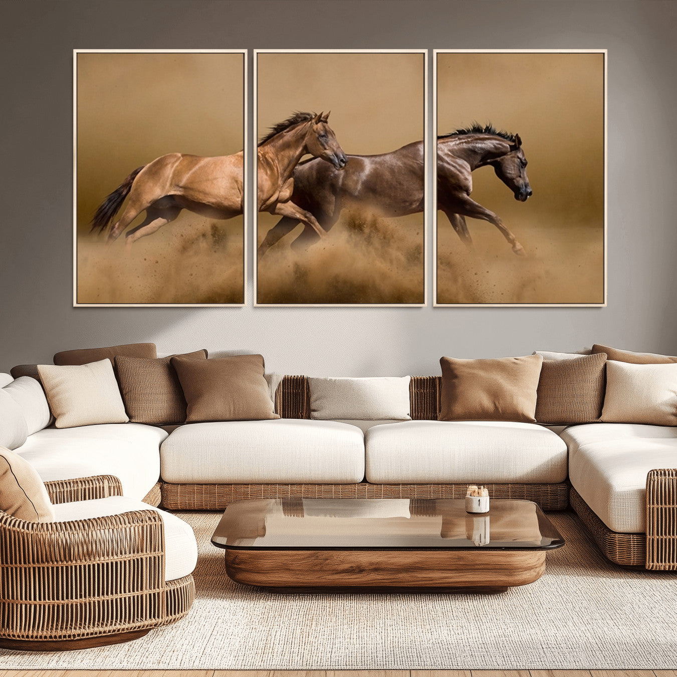 -Large Wall Art Canvas Print – Two Running Brown Horses Motion Animal Artwork for Home, Office, Living Room Decor