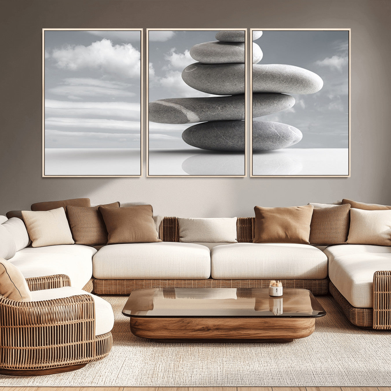 14496-MGV-FC-60X30-3P_Natural-Still Life Black and White Zen Stones Wall Art Canvas, Framed Black and White Zen Stones Canvas