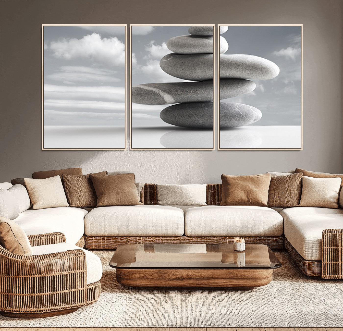 14496-MGV-FC-60X30-3P_Natural-Still Life Black and White Zen Stones Wall Art Canvas, Framed Black and White Zen Stones Canvas